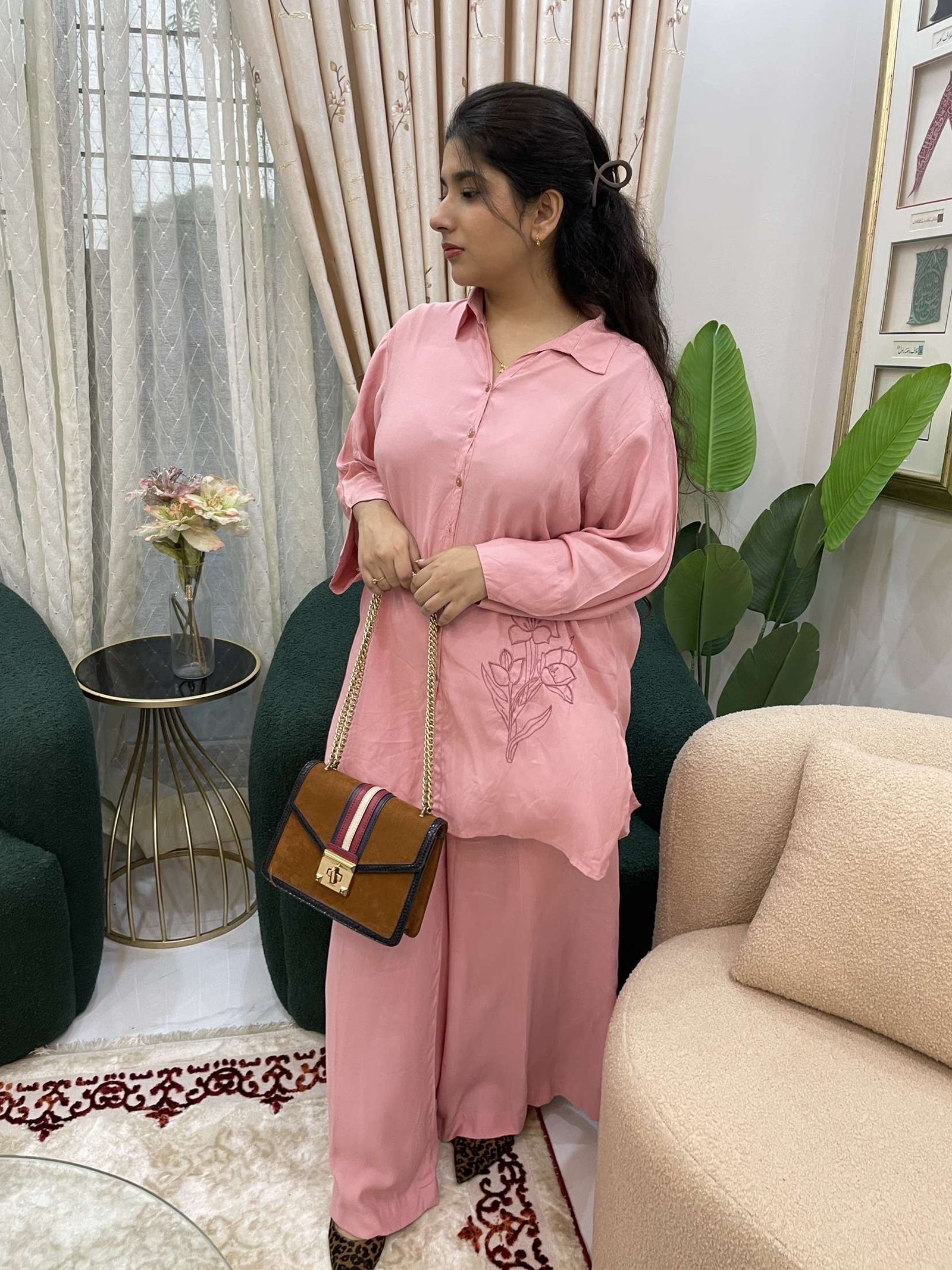 Premium Hand Embroidered Co-Ord Set (pink)