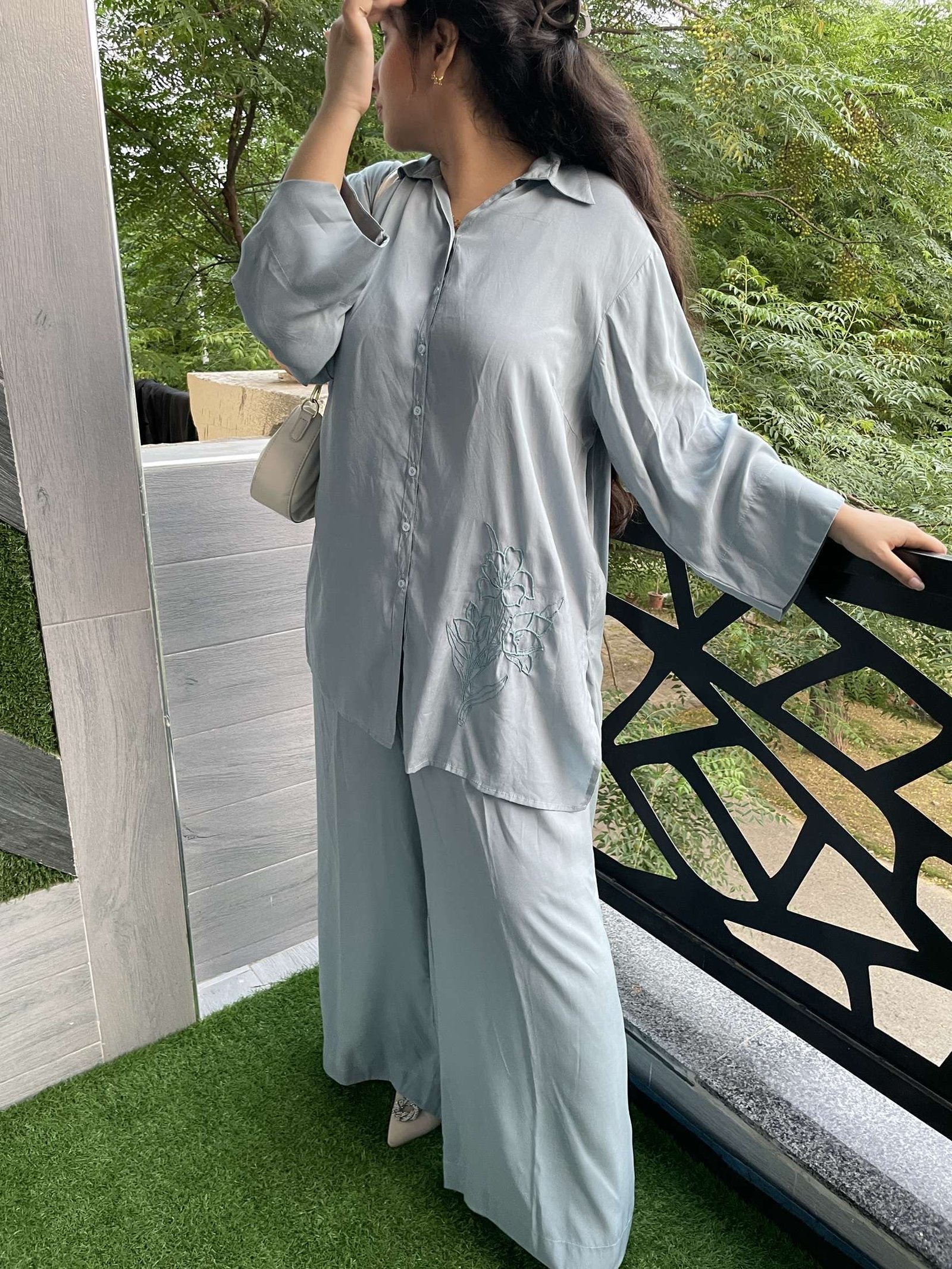 Premium Hand Embroidered Co-Ord Set (sky) - Image 2