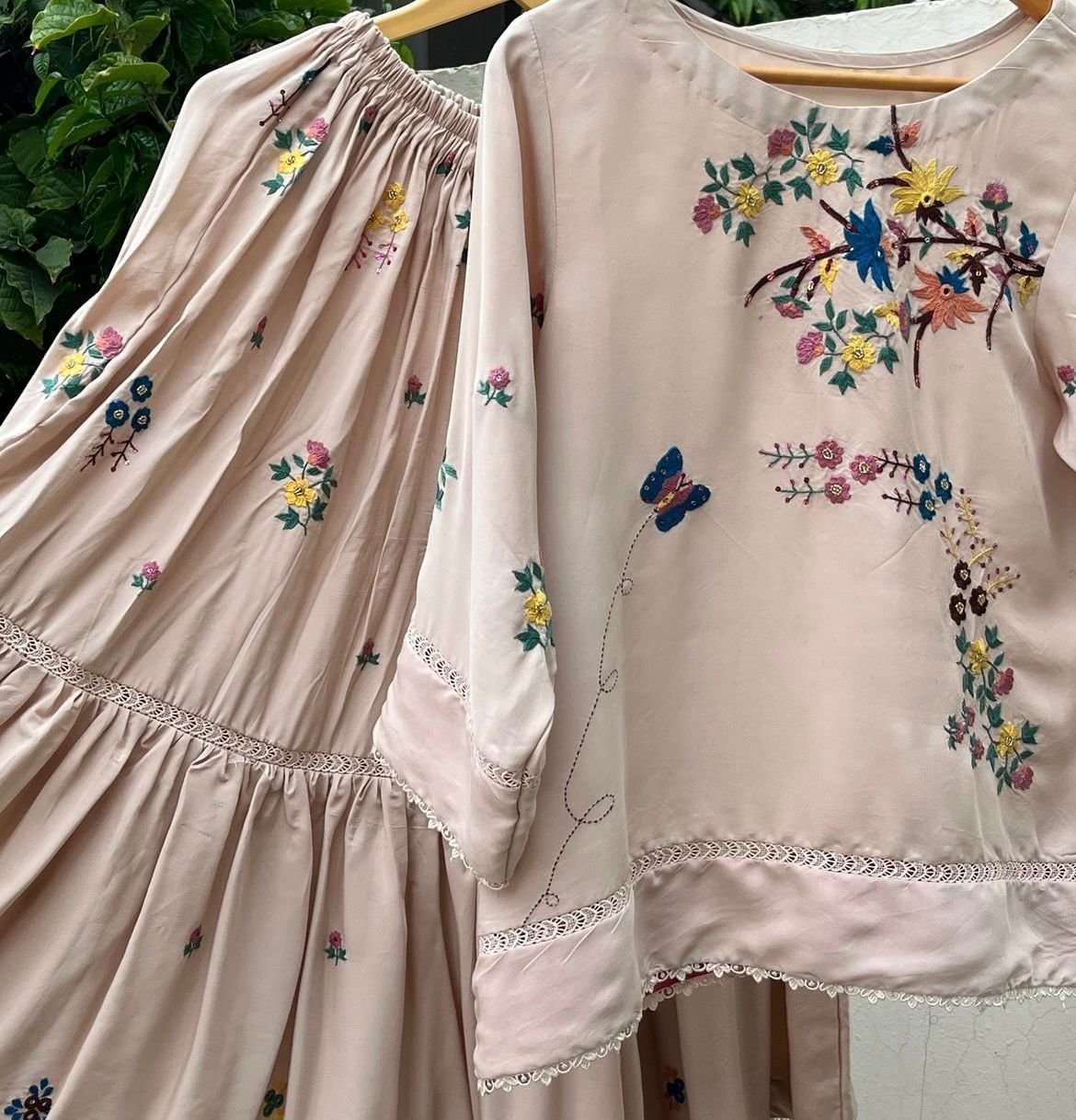 Hand Embroidered Skirt and Shirt Sets: Chic Skin Color Design with Mirror Work