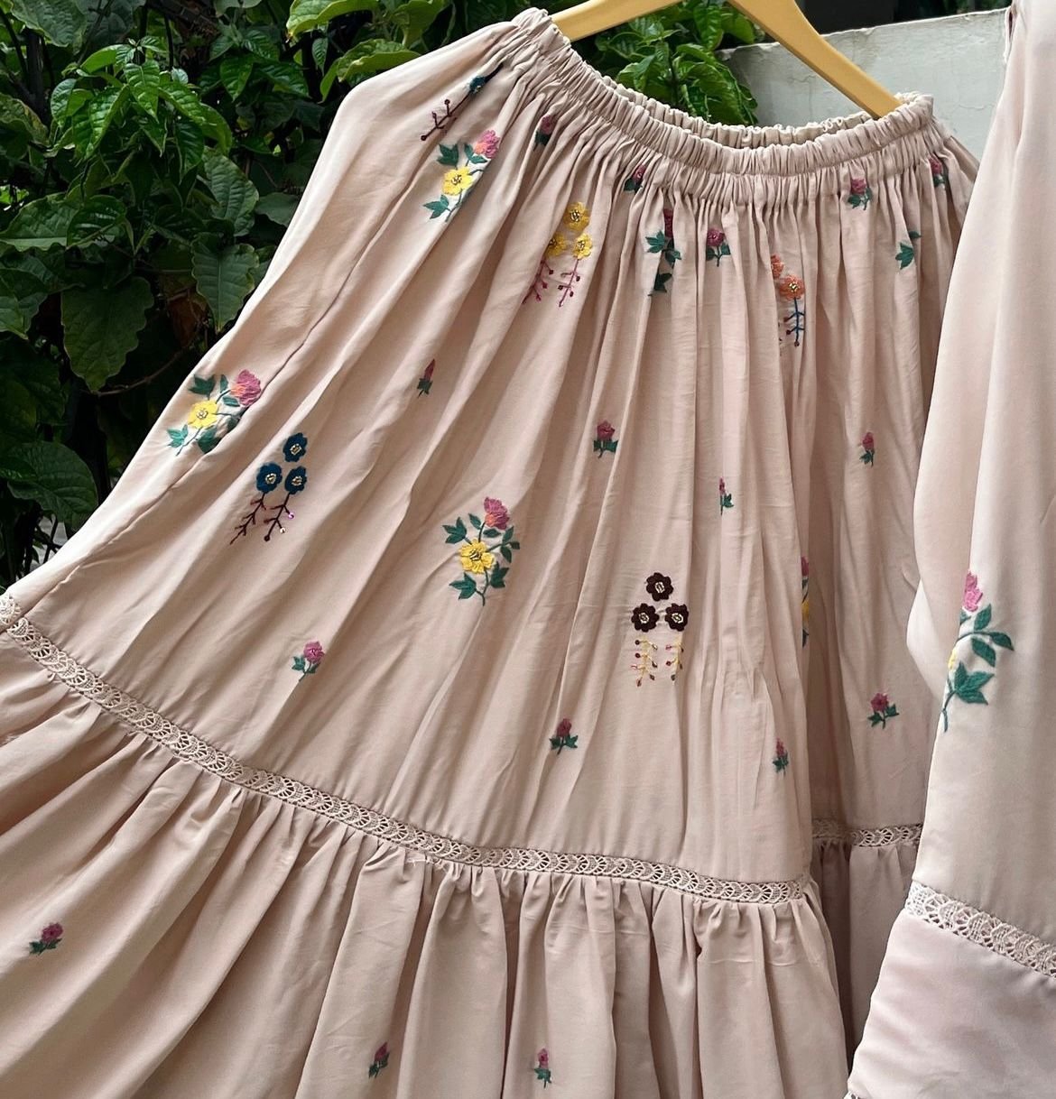 Hand Embroidered Skirt and Shirt Sets: Chic Skin Color Design with Mirror Work - Image 4